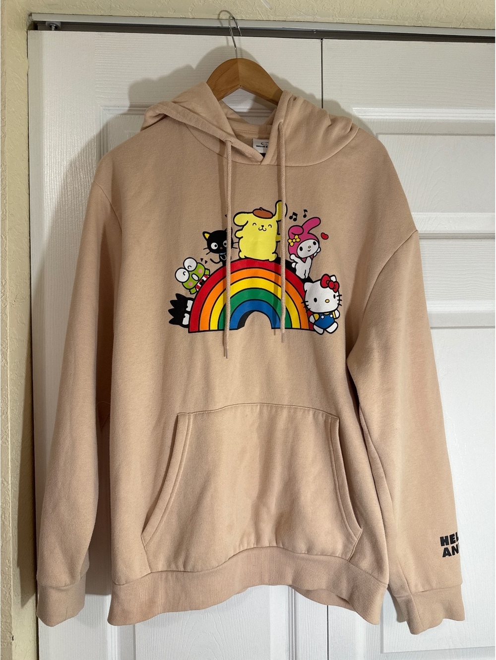 Hello Kitty and Friends Beige Hoodie with Rainbow Graphic - Size Large